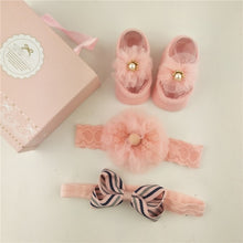 Load image into Gallery viewer, Newborn Baby Girls Headband Bow Flowers Cloth Hair Bands Hair Accessories Socks Gift Boxes Three-piece Suit Christmas Gifts