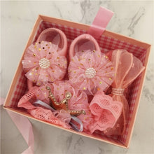 Load image into Gallery viewer, Newborn Baby Girls Headband Bow Flowers Cloth Hair Bands Hair Accessories Socks Gift Boxes Three-piece Suit Christmas Gifts