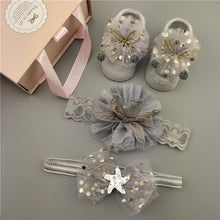 Load image into Gallery viewer, Newborn Baby Girls Headband Bow Flowers Cloth Hair Bands Hair Accessories Socks Gift Boxes Three-piece Suit Christmas Gifts