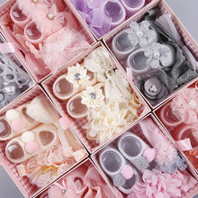 Load image into Gallery viewer, Newborn Baby Girls Headband Bow Flowers Cloth Hair Bands Hair Accessories Socks Gift Boxes Three-piece Suit Christmas Gifts